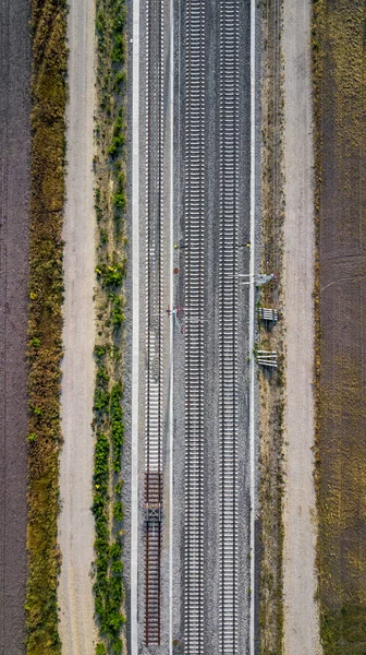 Aerial View Railroad Tracks Gravel Roads Rural Landscape Agricultural Areas — Stock Photo, Image