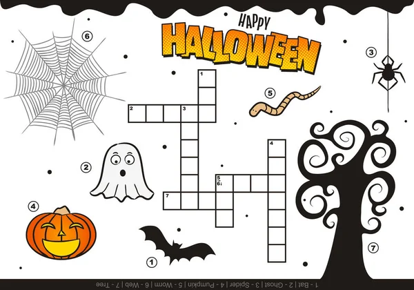 Happy Halloween Kreuzworträtsel Für Kinder Kinderferienspiel Mit Comic Elementen Lustiger — Stockvektor