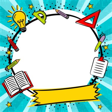 Popart tarzında yuvarlak çerçeveli çizgi roman okulu afişi. Ray mavisi arkaplanda mesaj kutusu. Web tasarımı şablonu, afişler, kuponlar, başvurular ve posterler. Çizgi film Vektör illüstrasyonu.