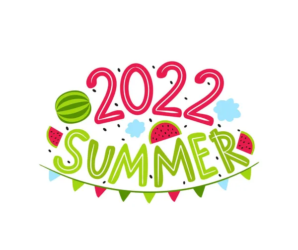 Yaz 2022 Logosu Karpuz Bulut Çelenk Çizilmiş Takvim Mevsim Kartpostalları — Stok Vektör