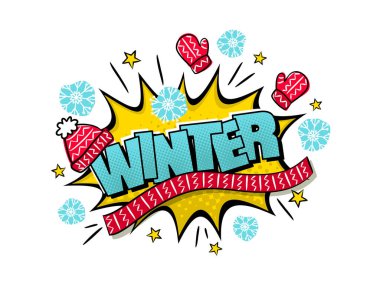 Komik Kış Logosu. Kar taneleri, örgü şapka, eldivenler ve karikatür tarzında atkıyla patlama. Etiket, rozet, poster, pankart veya takvim için sezonluk Vektör illüstrasyonu.