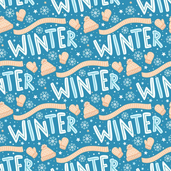 Безшовні Зимові Візерунки Сніжно Блакитний Фон Язаним Одягом Зимовою Назвою — стоковий вектор