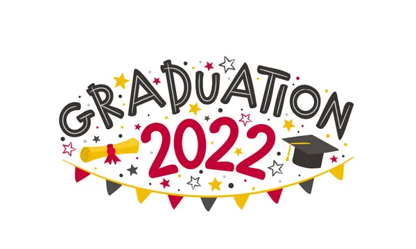 Doodle Logo 2022 Graduate Masters Cap Rolled Scroll Flags Stars —  Vetores de Stock