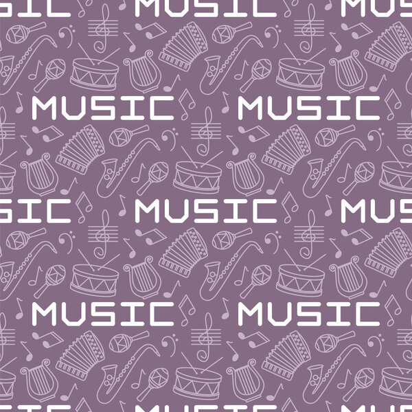 Purple seamless pattern with musical notes and instruments. Linear Vector illustration for creative and educational projects, music school, concert, festival.