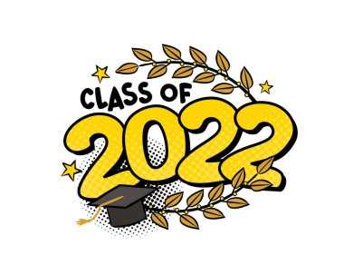 2022 sınıfı. Beyaz arka planda izole edilmiş pop sanat tarzındaki çizgi roman amblemi. Defne dalları, yıldızlar ve bekarlığa veda şapkası olan parlak bir logo. Siyah yarım tonlu retro kart. Vektör çizgi film illüstrasyonu