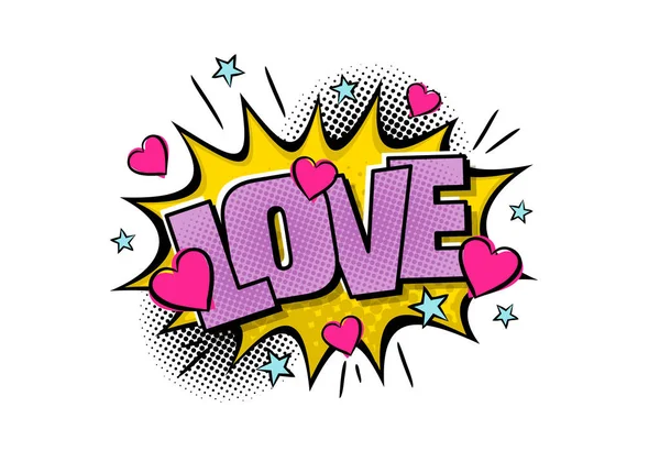 Comic Love Logo Cartoon Buchstaben Mit Herzen Pop Art Stil — Stockvektor