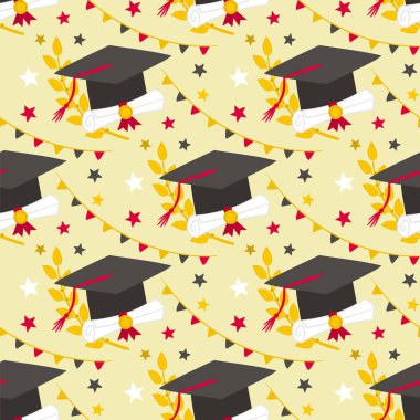 Karalama stili elementlerle kusursuz mezuniyet kalıbı. El çizimi tatil geçmişi, tomarlar, defne dalları, yıldızlar ve bekarlığa veda şapkası. Vektör illüstrasyonu.