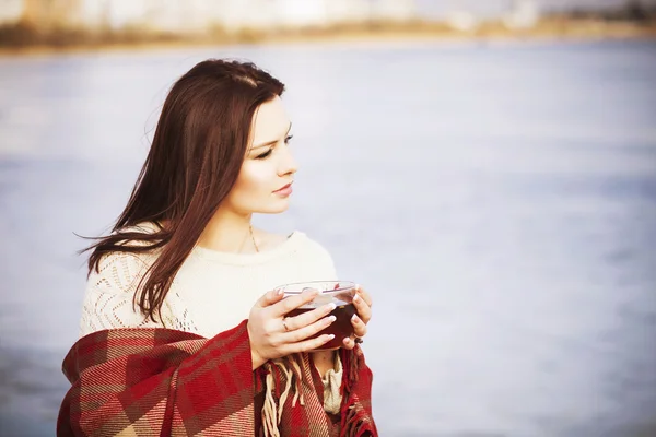 在户外的检查模式格子喝茶，俯视附近的湖中的黑发女人。副本空间 — 图库照片