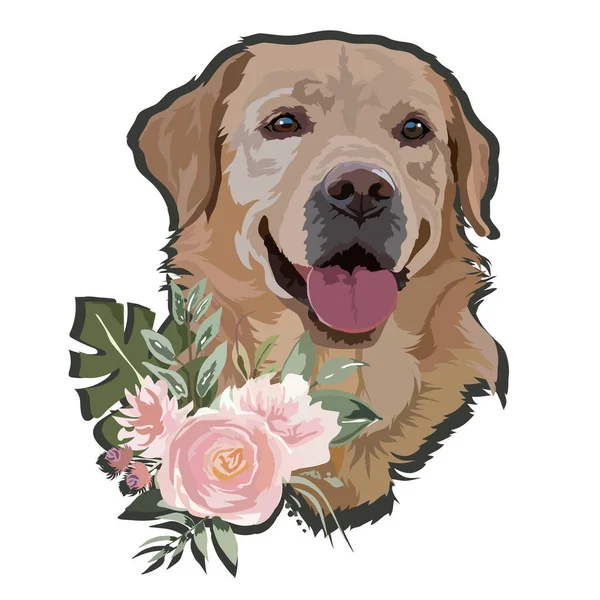 Altın labrador av köpeği ve bir buket çiçek.