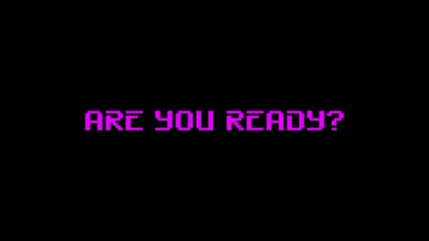 Animasi teks: Are You Ready, Press Start, Loading, Get Ready, Go. Set teks pop-up untuk videogame dan video game. Animasi teks pada latar belakang hitam. Untuk overlay dan transisi. — Stok Video