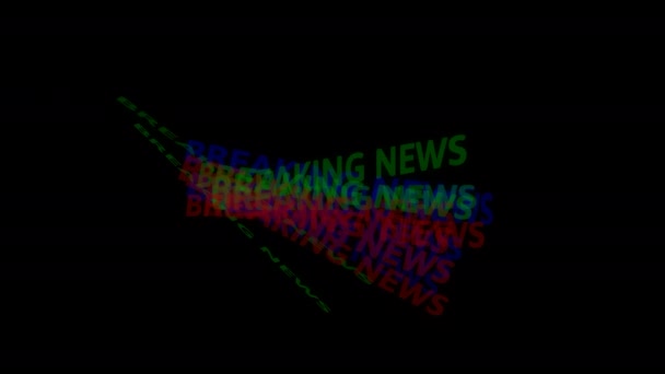 Intro graphics animation - Breaking News (англійською). Текст веде до новин ТВ. TV Channel Breaking News animation з ефектом кольорового блиску. Чорне тло. — стокове відео