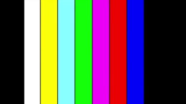 Test pattern from a tv transmission with colorful bars and interference of the TV 80s. SMPTE color stripe technical problems and retro tv screen flickering. SMPTE.