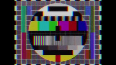 SMPTE color stripe technical problems and retro tv screen flickering. VHS effects during test rendering of the old tv. Strobe effect.