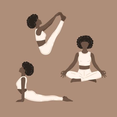 Yoga egzersizi yapan genç zayıf kadınlar. Vektör illüstrasyonlarının koleksiyonu