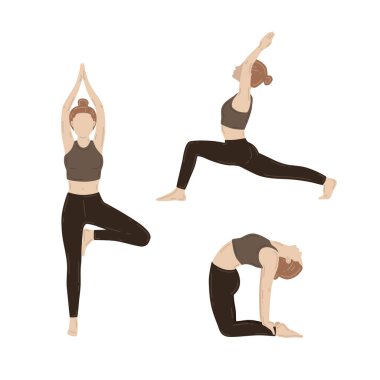 Yoga egzersizi yapan genç zayıf kadınlar. Vektör çizimleri kümesi