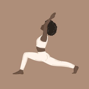 Virabhadrasana asana, savaşçı pozu. Yoga yapan sıska bir kadın.