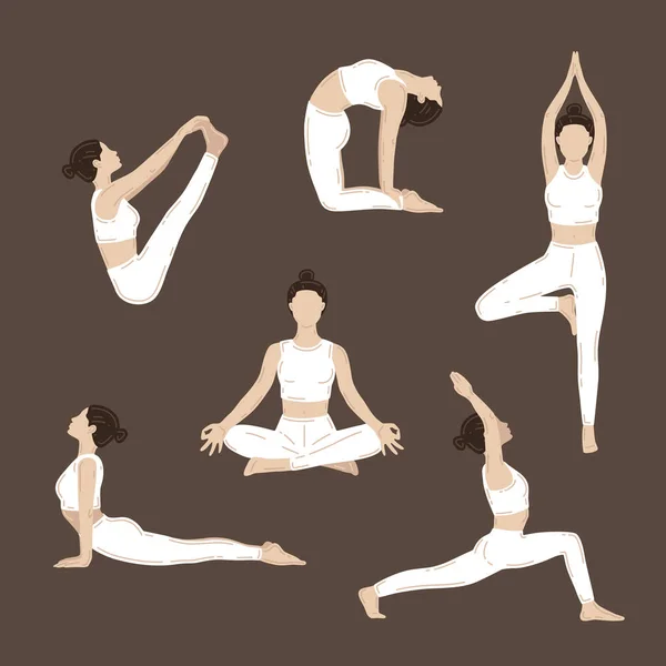 Jóvenes Mujeres Delgadas Haciendo Ejercicios Yoga Conjunto Ilustraciones Vectoriales — Vector de stock