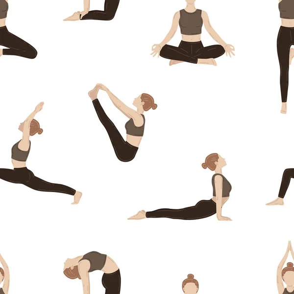 Jóvenes Mujeres Delgadas Haciendo Ejercicios Yoga Patrón Sin Costura Vectorial — Vector de stock