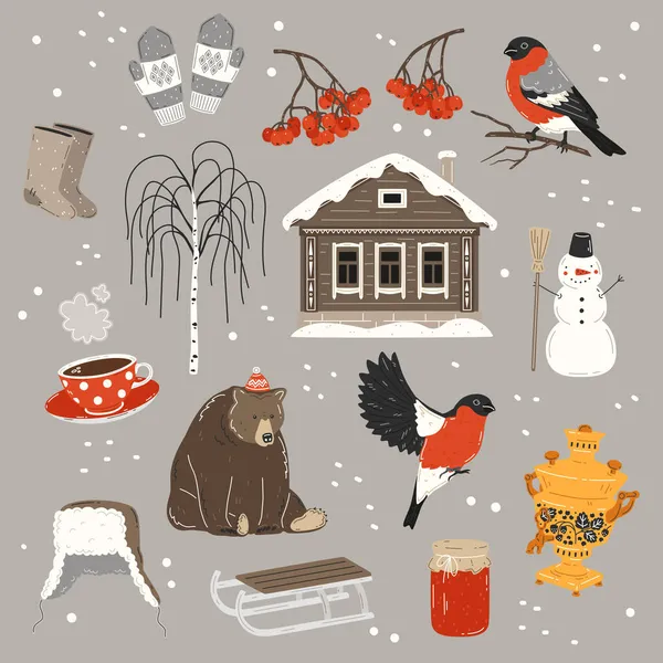 Rus kışı, vektör ayarlandı. ispinoz, rowan, valenki, ushanka şapkası, kardan adam, semaver, varenye, huş ağacı, çay, ayı ve kır evi.