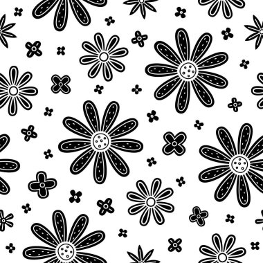 Beyaz arka planda siyah vektör çiçekleri. Çiçeklerle kusursuz desen
