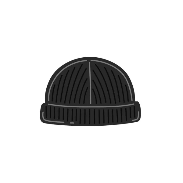 Black Knit Beanie Cap Seasonal Autumn Winter Clothes Vector Flat — Stock Vector