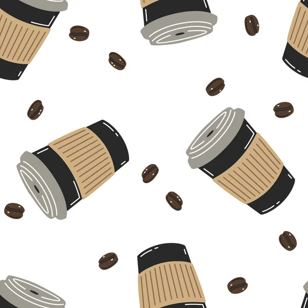 Векторный Бесшовный Рисунок Черными Бумажными Чашками Кофе Кофейных Зерен — стоковый вектор