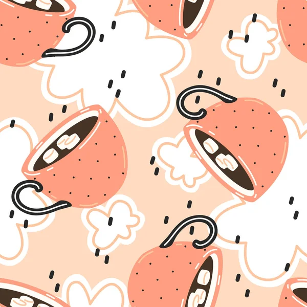 Hot chocolate with marshmallows in pink cups. Vector seamless pattern
