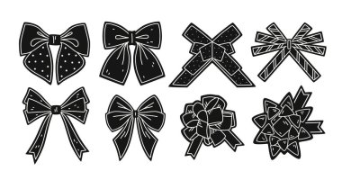 Hediye paketi için siyah beyaz fiyonklar. Vektör illüstrasyonu