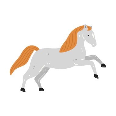 Kırmızı yeleli, açık gri şirin bir at. Vektör düz resimleme