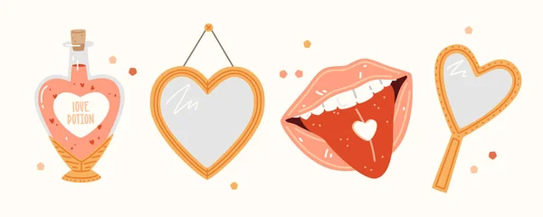 Valentine Day Set Two Heart Shaped Mirrors Open Mouth Pink —  Vetores de Stock
