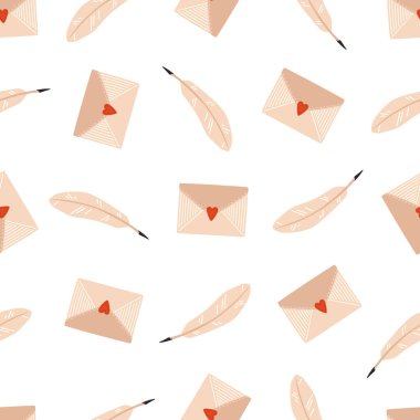 Sevgililer Günü 'nde pürüzsüz bir düzen. Beyaz arkaplanda zarflar ve kalemler