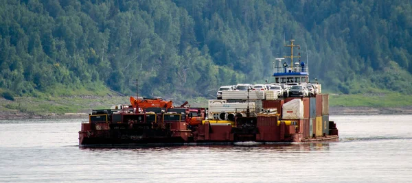 2021 Russia Krasnoyarsk Region Pusher Vessel 772 Two Barges Yenisei — Stock Photo, Image