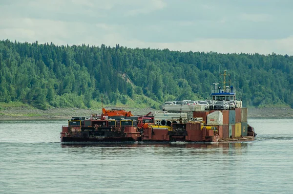 2021 Russie Région Krasnoïarsk Navire Pousseur 772 Avec Deux Barges — Photo