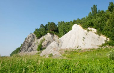 Tom Nehri 'nin kıyısında Büyük Parmak adında kayalık bir oluşum. Tomsk bölgesi. Rusya.   