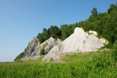 Tom Nehri 'nin kıyısında Büyük Parmak adında kayalık bir oluşum. Tomsk bölgesi. Rusya.   