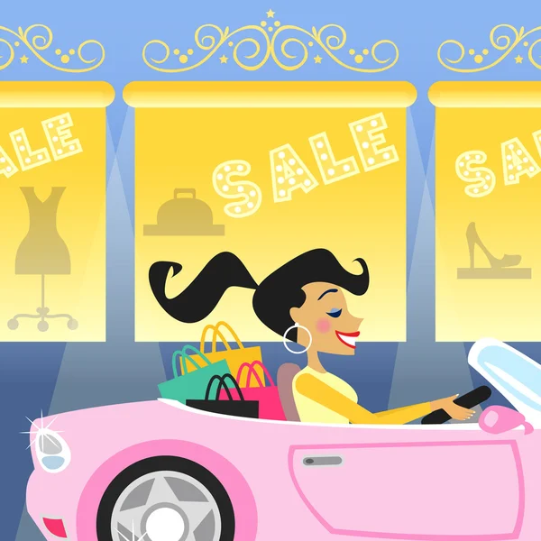 Girl shopping in car — Stock Vector