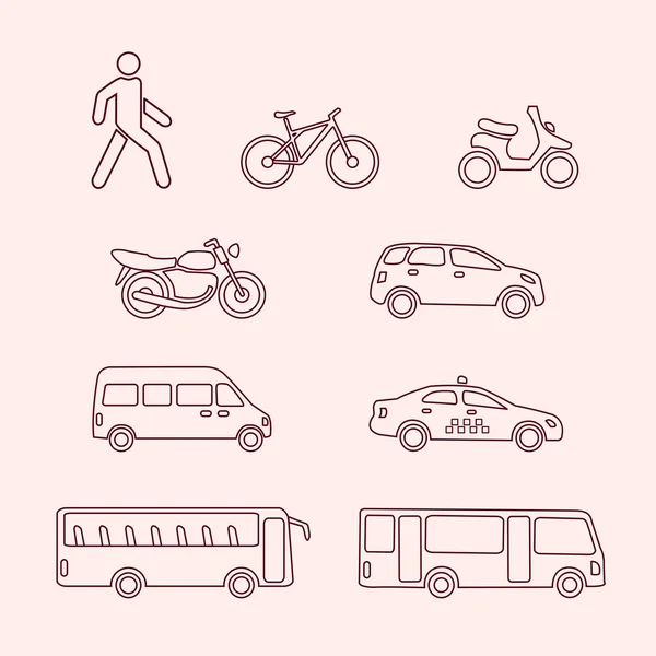 Iconos de transporte de peatón, bicicleta, scooter, taxi, autobús — Vector de stock