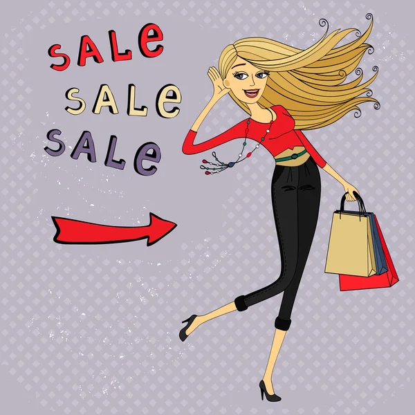 Módní prodej reklamy, nakupování dívka s vaky — Stockový vektor
