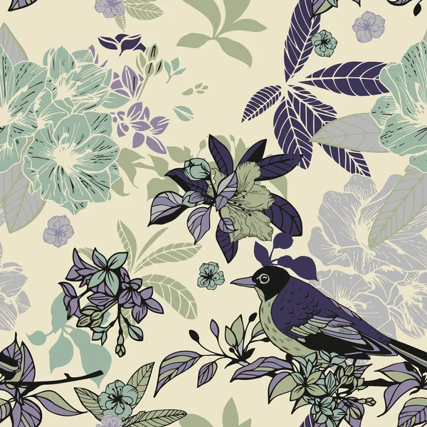 Silk flowers and birds seamless pattern — Stock Vector