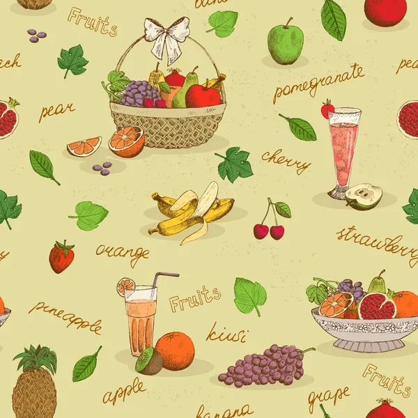 Modèle sans couture de fruits avec des noms — Image vectorielle