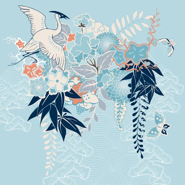 Japanese kimono motif with crane and flowers — Stock Vector
