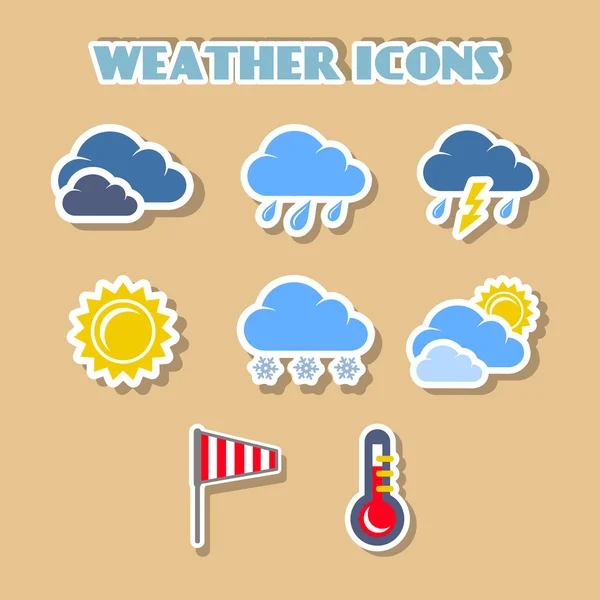 Set ikon cuaca, stiker warna - Stok Vektor