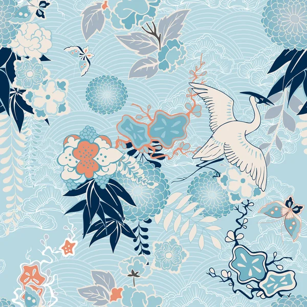 Kimono achtergrond met kraan en bloemen — Stockvector