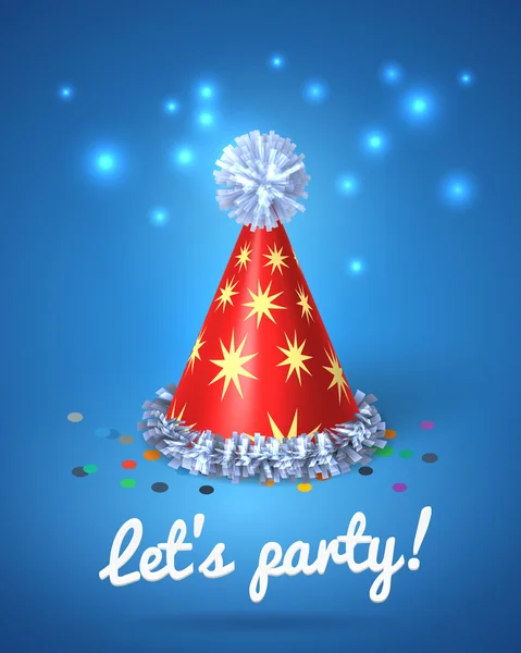 Let's party poster with red hat and stars — Stock Vector