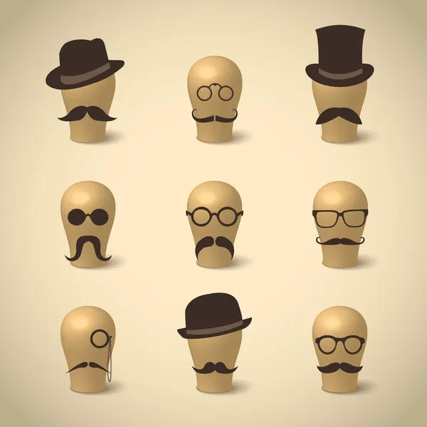 Set de gorros y vasos de bigote retro — Vector de stock