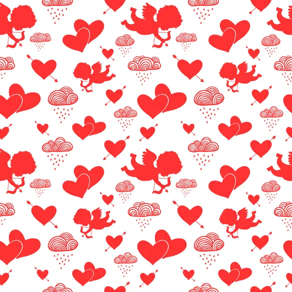 Amour Cupidon coeurs flèches et nuages motif sans couture — Image vectorielle