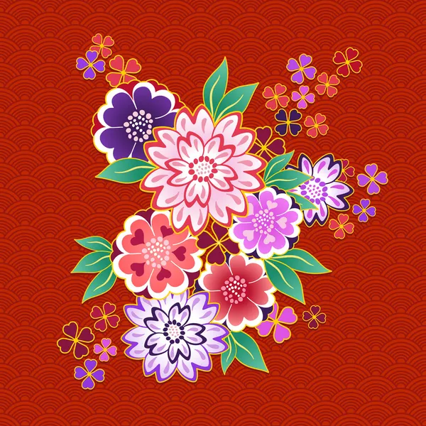 Motivo floral kimono decorativa sobre fondo rojo — Stockvector