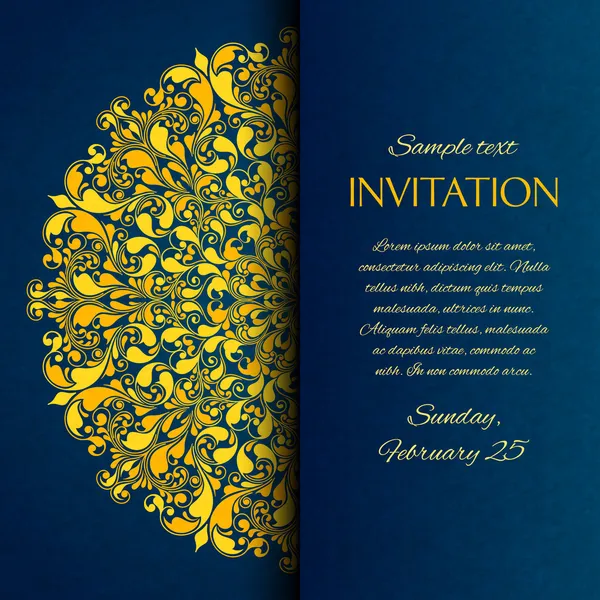 Azul ornamental con tarjeta de invitación bordada en oro — Vector de stock