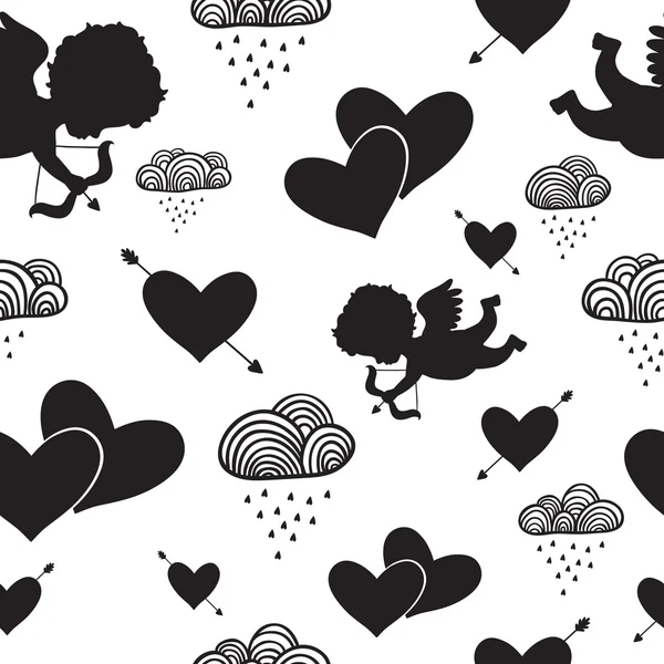 Amor cupidos corazones flechas y nubes patrón sin costuras — Vector de stock