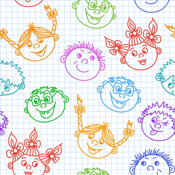 Seamless doodle smiling kids faces pattern — Stock Vector